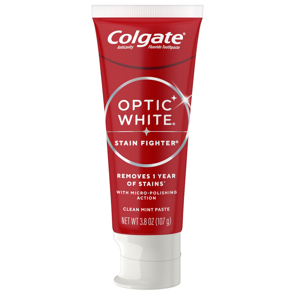 Colgate Optic White Stain Fighter Clean Mint Paste Teeth Whitening Toothpaste, 4 Pack, Anticavity Toothpaste with Fluoride, Enamel Safe Teeth Stain Remover, 3.8 OZ