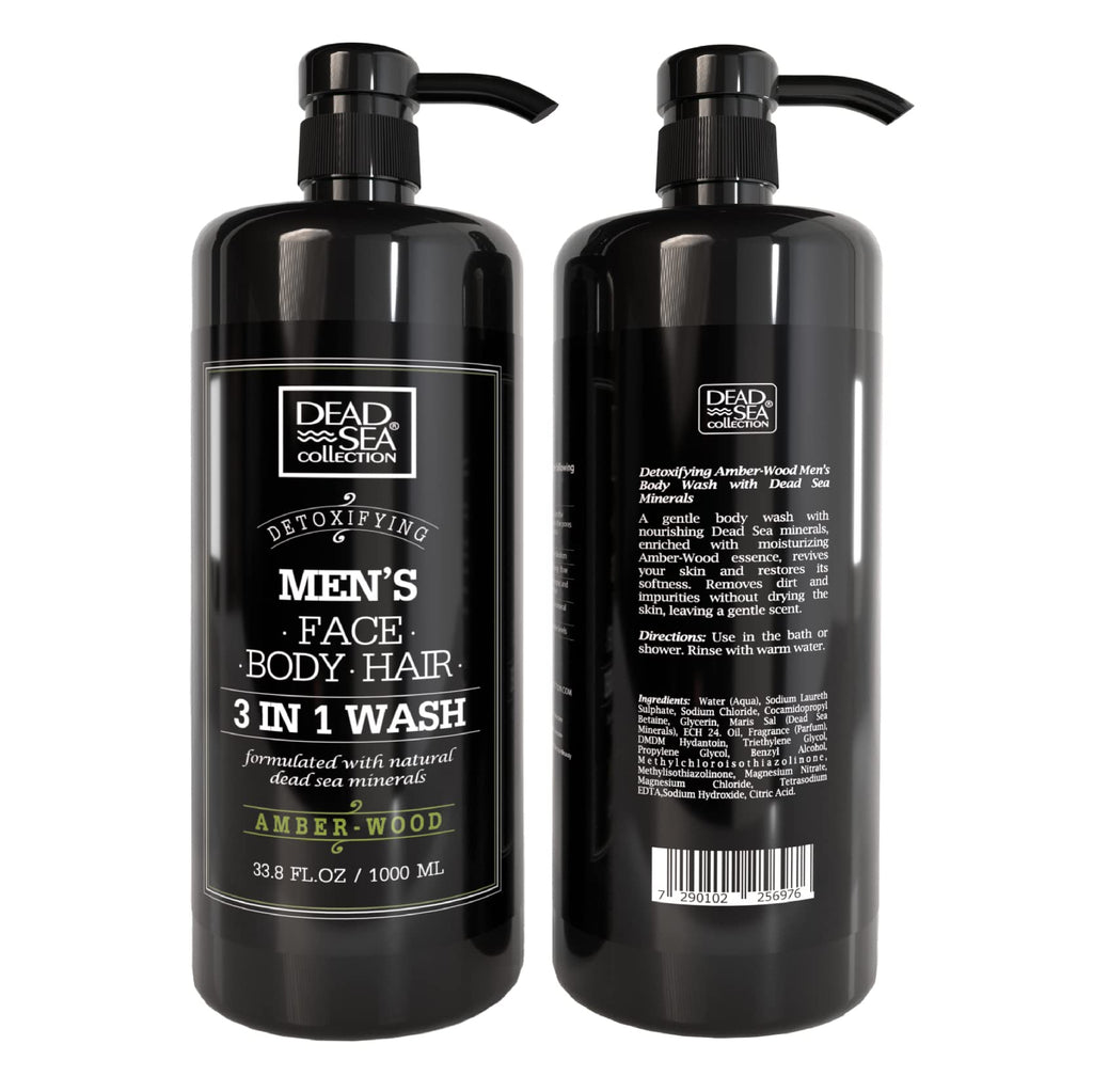 Dead Sea Collection Amber Wood Men’s Body Wash – 3 in 1 Body Wash for Men for Hair, Face & Body – Moisturizing Shower Gel with Dead Sea Minerals – Pack of 2 (33.8 fl oz each)