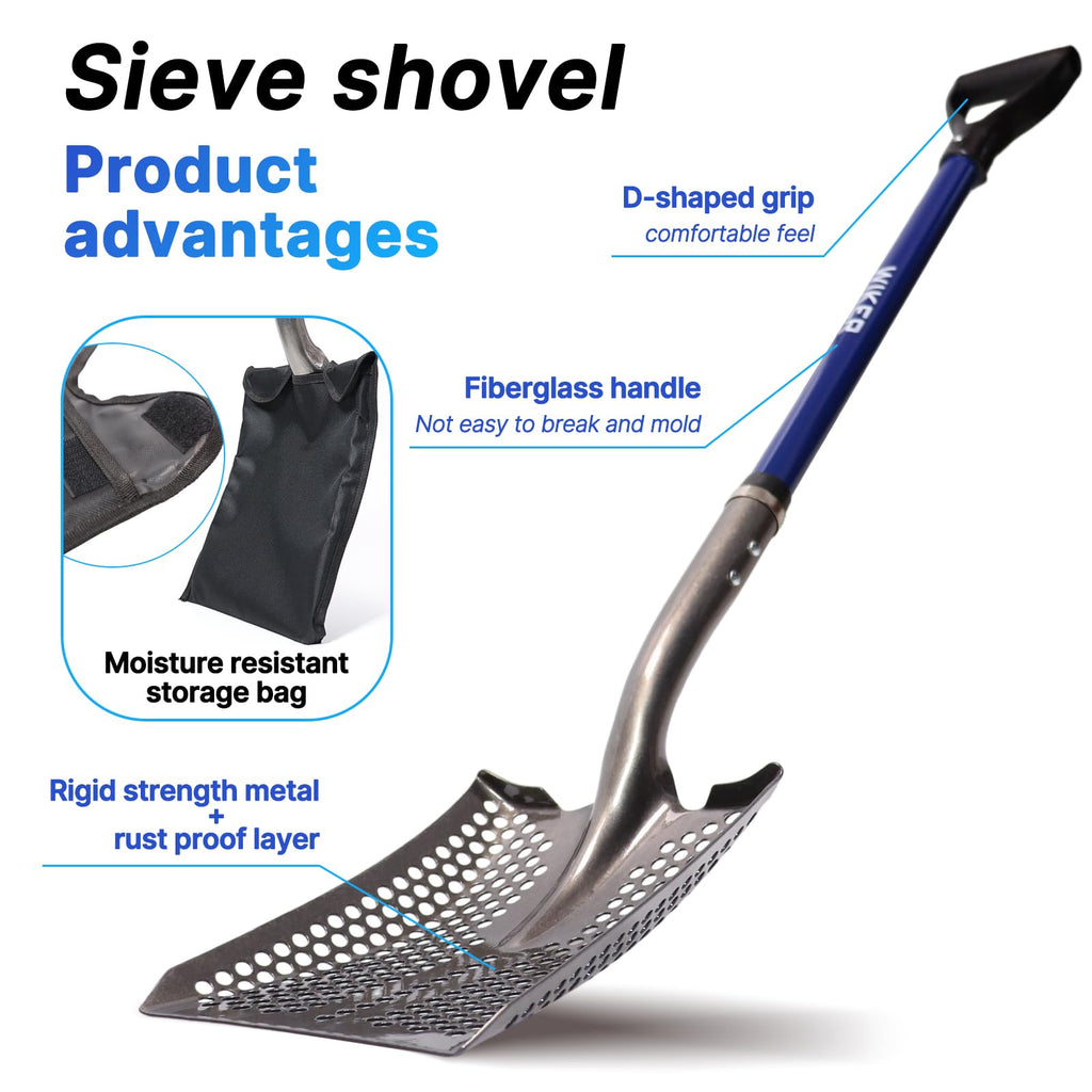 WIKER 45in Sand Sifting Shovel with Blue Fiberglass Handle - Heavy Duty Rock/Garden Sifter for Chicken Coop, Soil Screening, Gardening