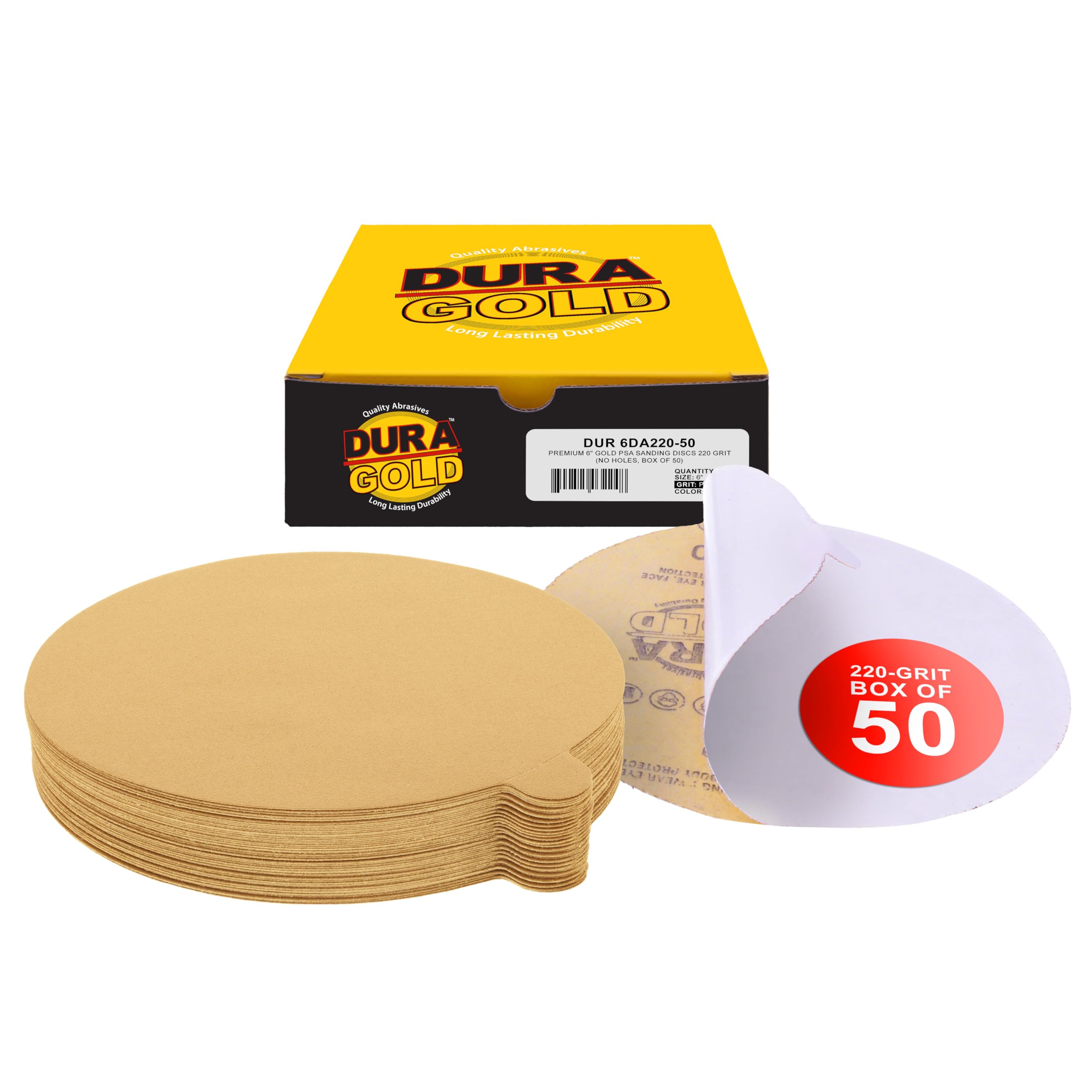 Dura-Gold Premium 6" Gold PSA Sanding Discs - 220 Grit, Box of 50 - Self Adhesive Stickyback Sandpaper for DA Sander, Finishing Coarse-Cut Abrasive - Sand Automotive Car Paint, Woodworking Wood, Metal