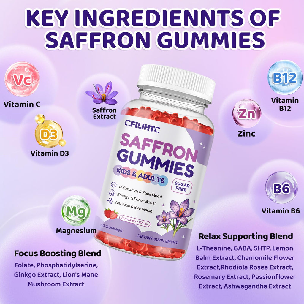 Saffron Gummies for Kids & Adults, 20-in-1 Saffron Supplements with 88.5mg Saffron Extract, B6, B12, C, D3, Magnesium for Calm, Focus, Nerve, Sugar Free, Vegan, Non-GMO - Strawberry Flavor, 60 Counts