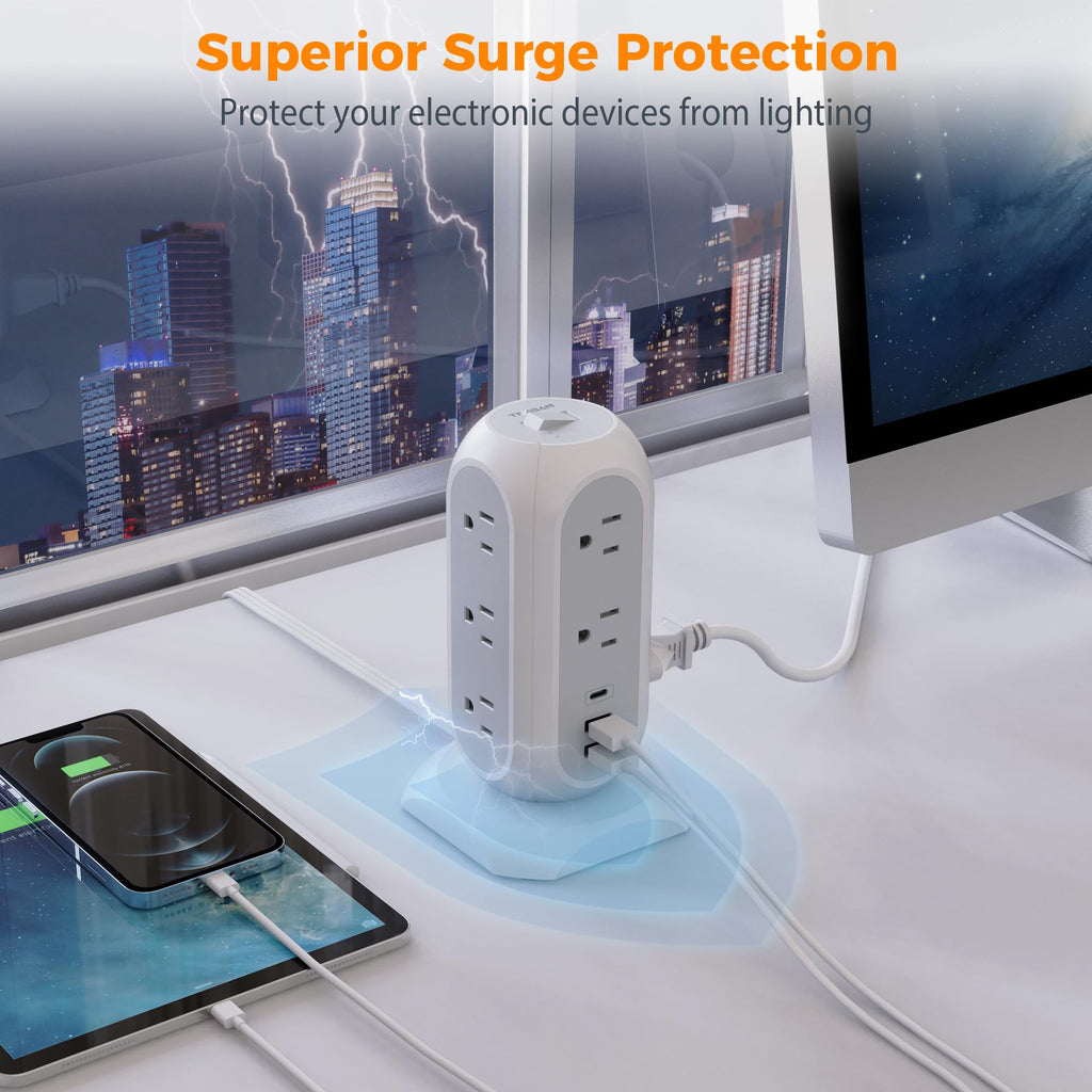 Power Strip Tower with Surge Protection, TESSAN Flat Plug Extension Cord 6 Feet with Multiple Outlets 3 USB Ports (1 USB C), Office Desk Supplies, Dorm Essentials