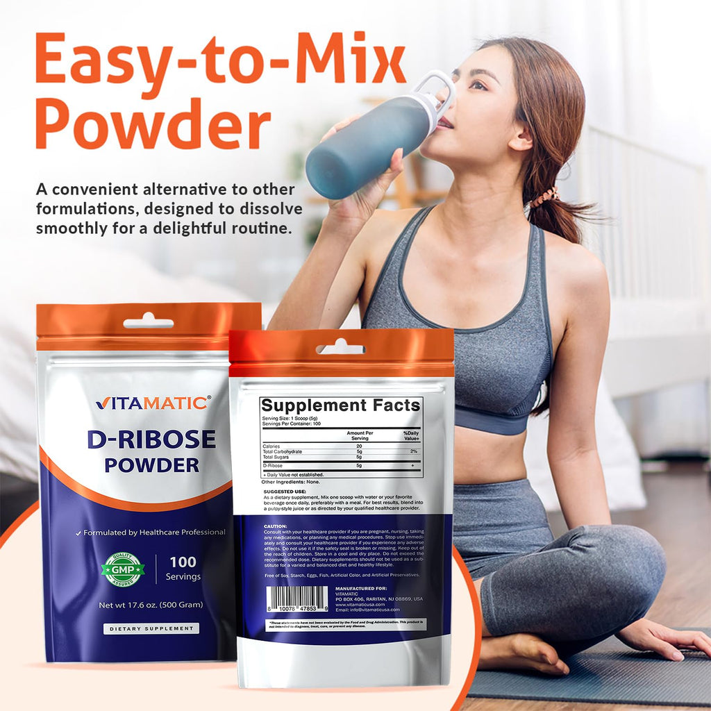 Vitamatic D-Ribose Powder 500g - 17.6 OZ (500 Gram) | Pure & Unflavored | Non-GMO | Easy-Mix Dietary Supplement