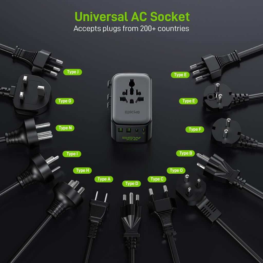 Epicka Pulse Duo 65W Universal Travel Adapter, International Power Adapter with PD & QC 3.0 Fast Charging for 2 Devices Simultaneously, European Travel Plug Adapter, Travel Essentials (Black)