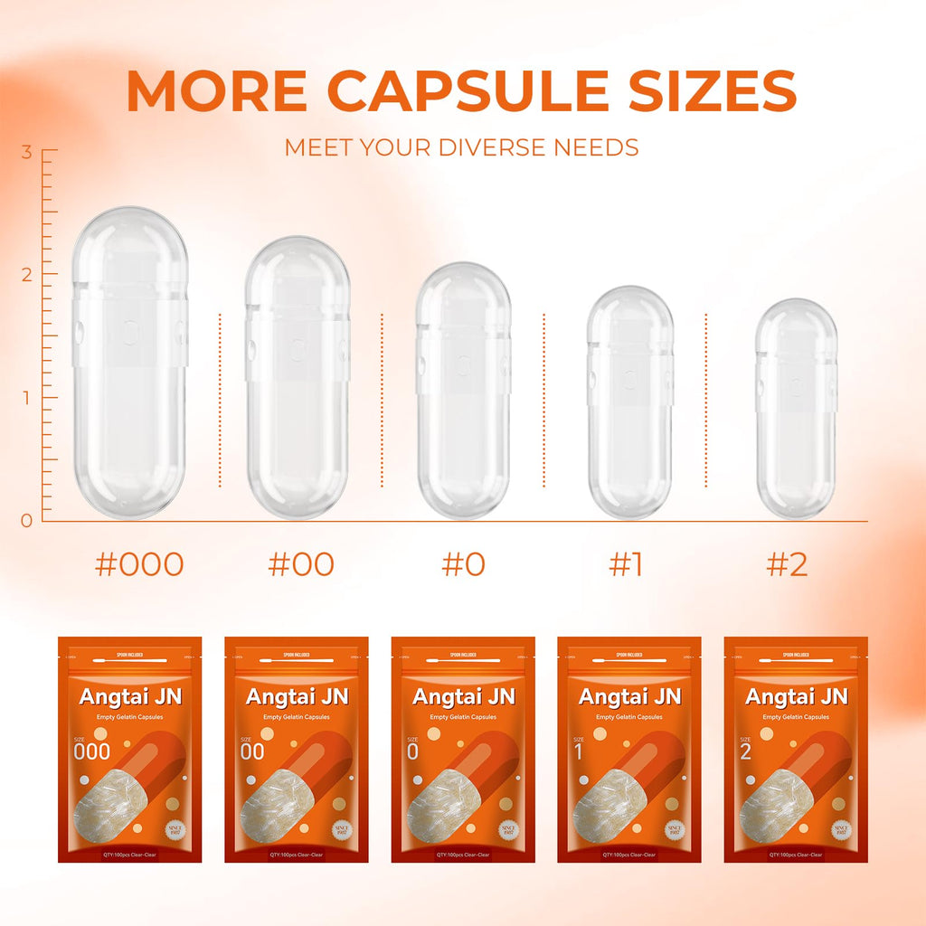 Angtai JN Empty Gelatin Capsules Size 000 Pill Gel Caps Pure Bovine Clear (500 Count) Gluten Free, Non-GMO, Halal Certified Filling Kit with 2 Spoons for DIY Your Own Supplements