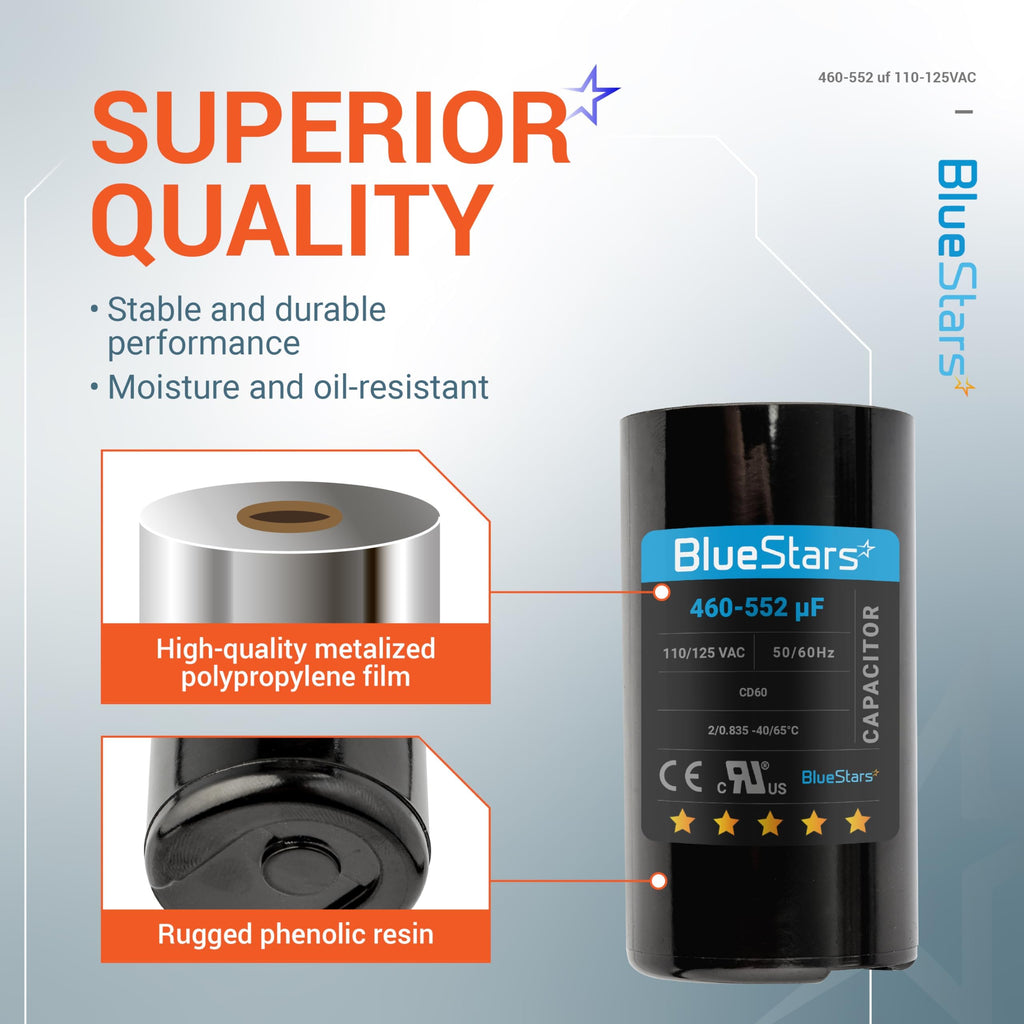 [2025 Upgraded] BlueStars 460-552 uF MFD 110-125 VAC Motor Start Capacitor