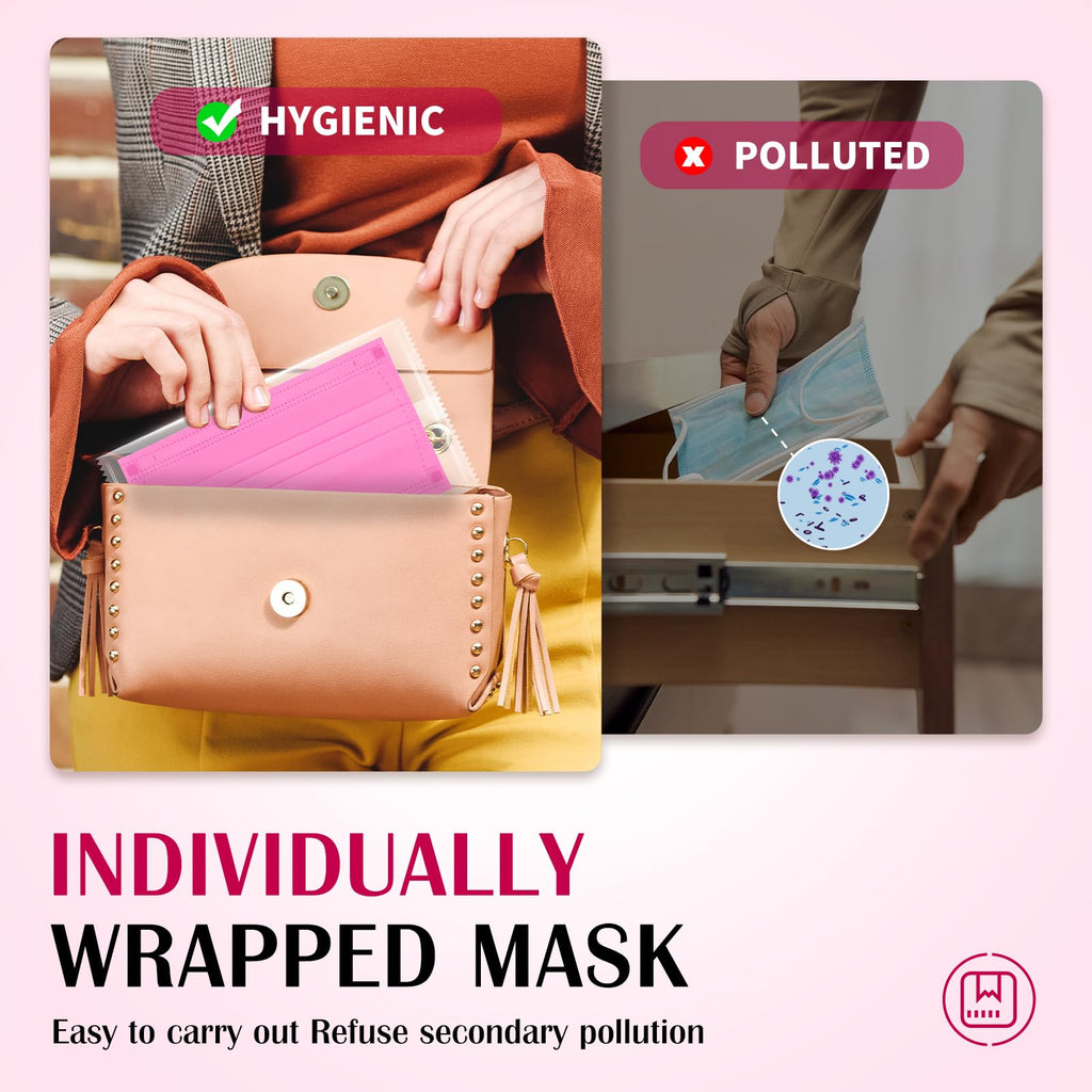 Disposable Face Mask Adults Pink - 100 Pack Individually Wrapped, 4 Ply Protection, Breathable and Comfortable Safety Masks for Women & Men