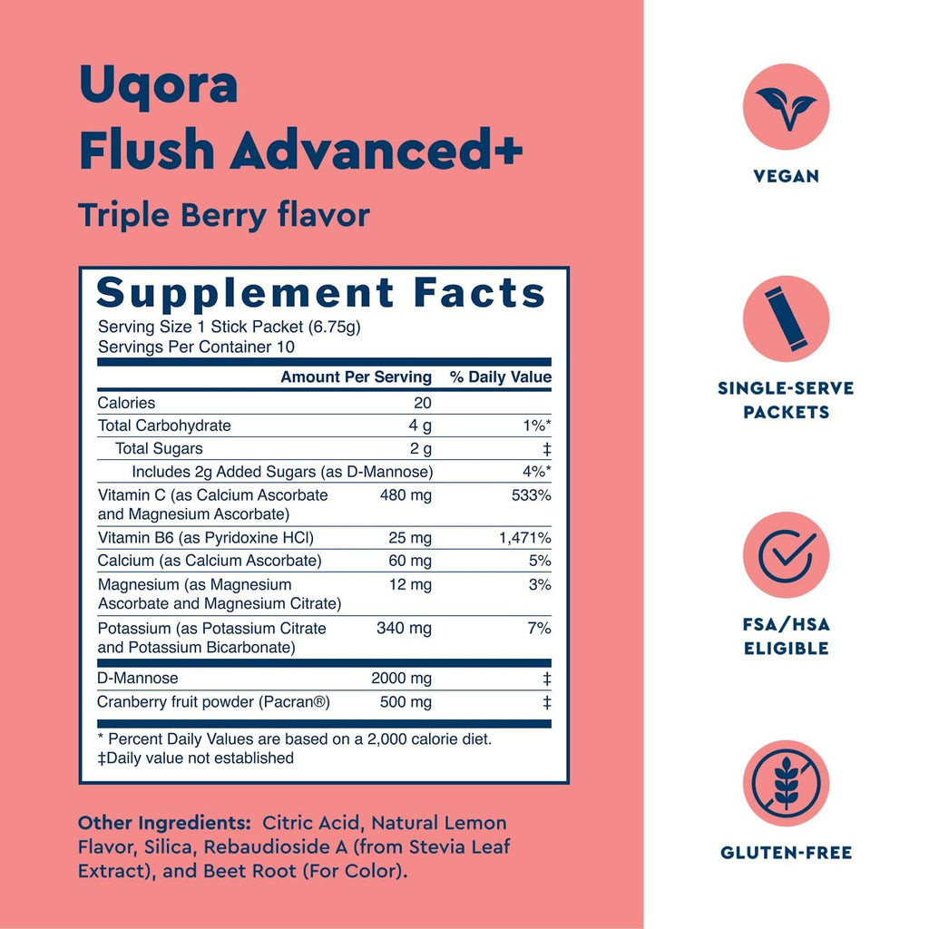 Uqora Flush Advanced+ - Helps Reduce Risk of Recurrent UTI** - with Cranberry, D-Mannose, Vitamin C, Vitamin B6 & Potassium - Gluten-Free & Vegan - Triple Berry Flavor - 20 Packets (2 Pack)