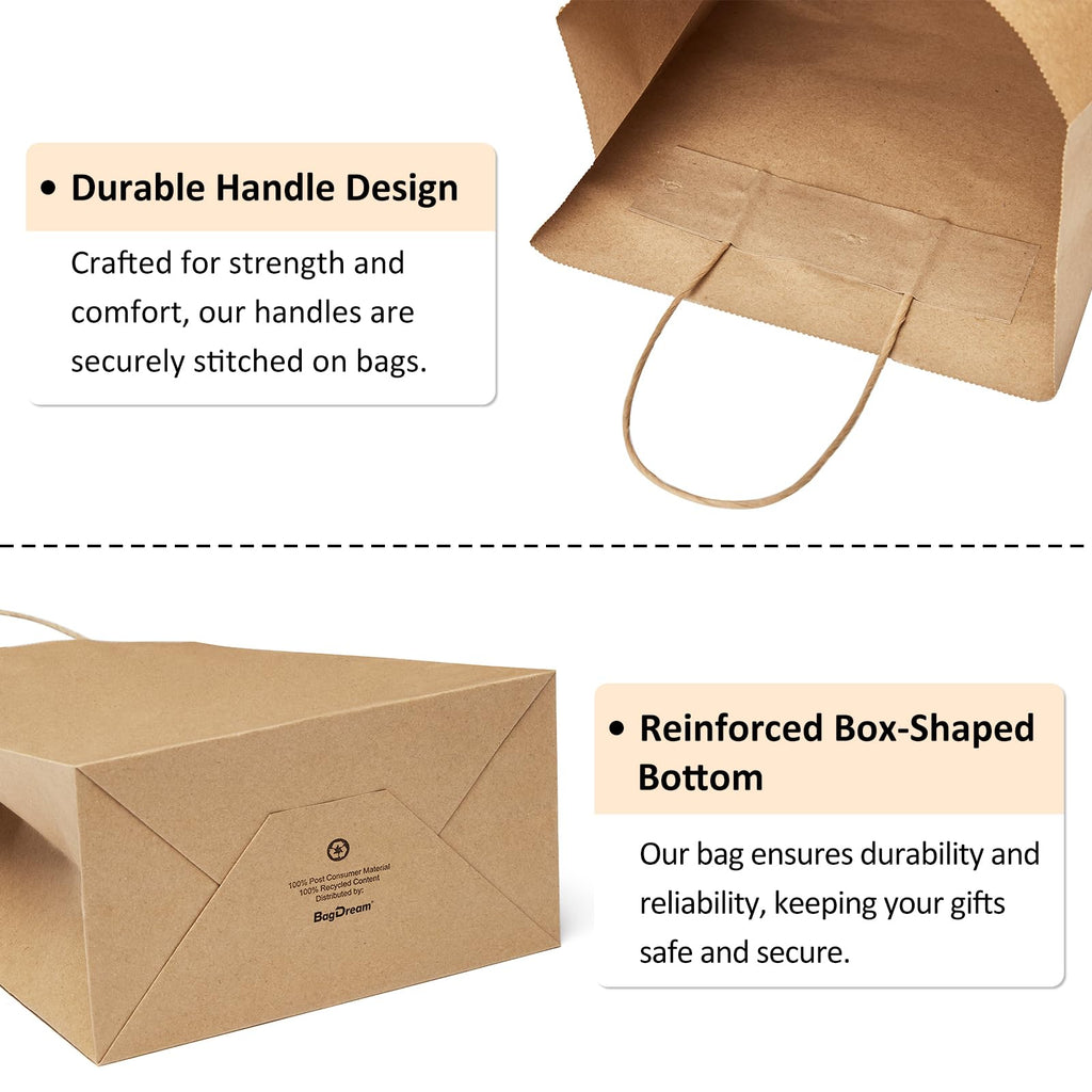 BagDream Gift Bags with Handles 8x4.25x10.5 Inch Brown 50 Pack Bulk