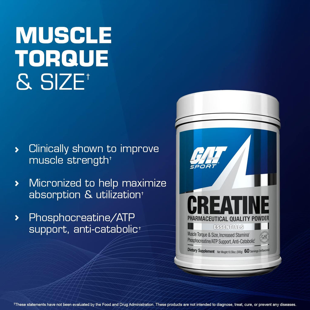 GAT SPORT Creatine Monohydrate 300 Gram Powder, Strength, Brain Health, Anti-oxidant, Endurance, for Men & Women, Unflavored, 60 Servings