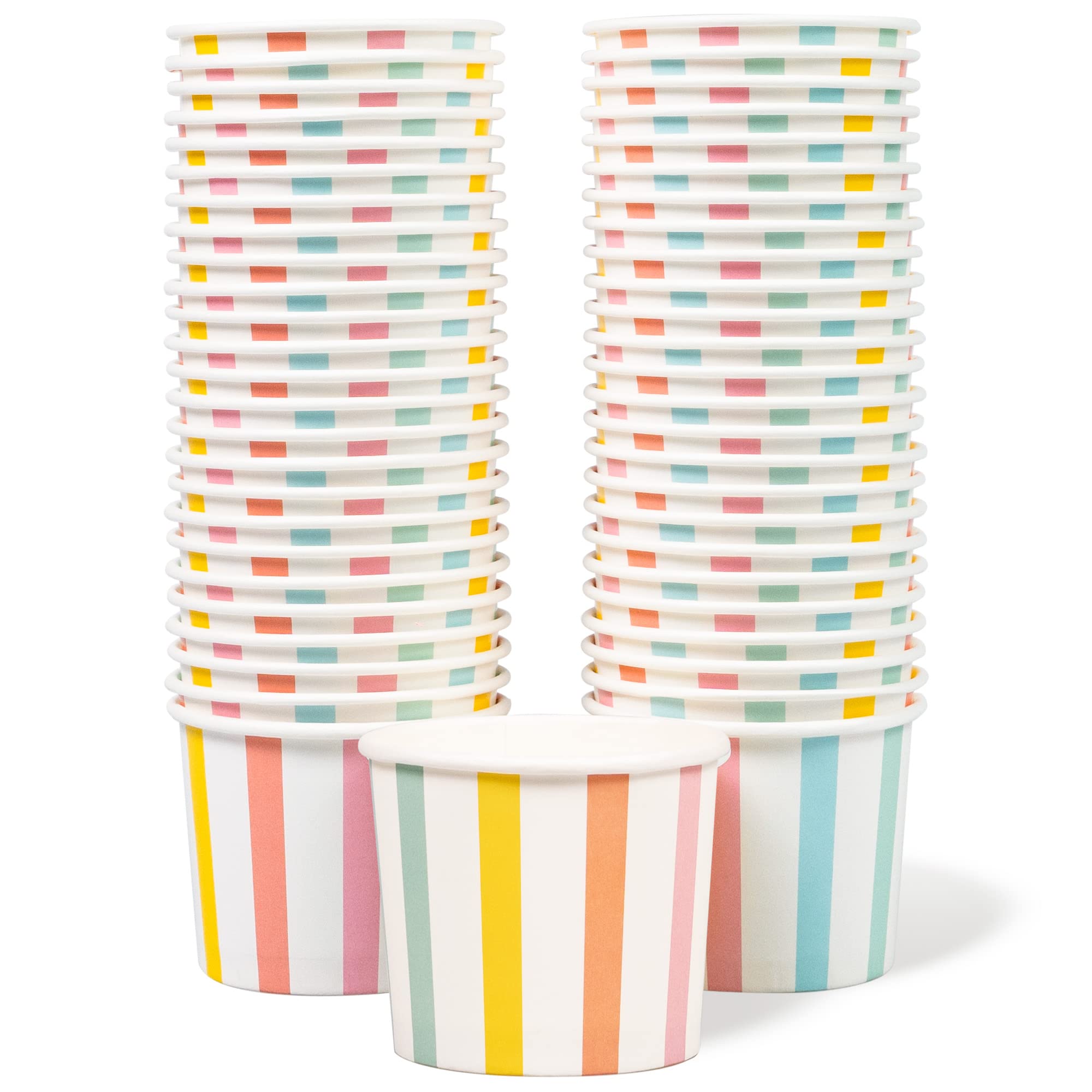 Paper Ice Cream Cups, 50-Count 11-Oz Disposable Dessert, Snack Bowls for Hot or Cold Food, 11-Ounce Party Supplies Treat Cups for Sundae, Frozen Yogurt, Soup, Pastel Stripes