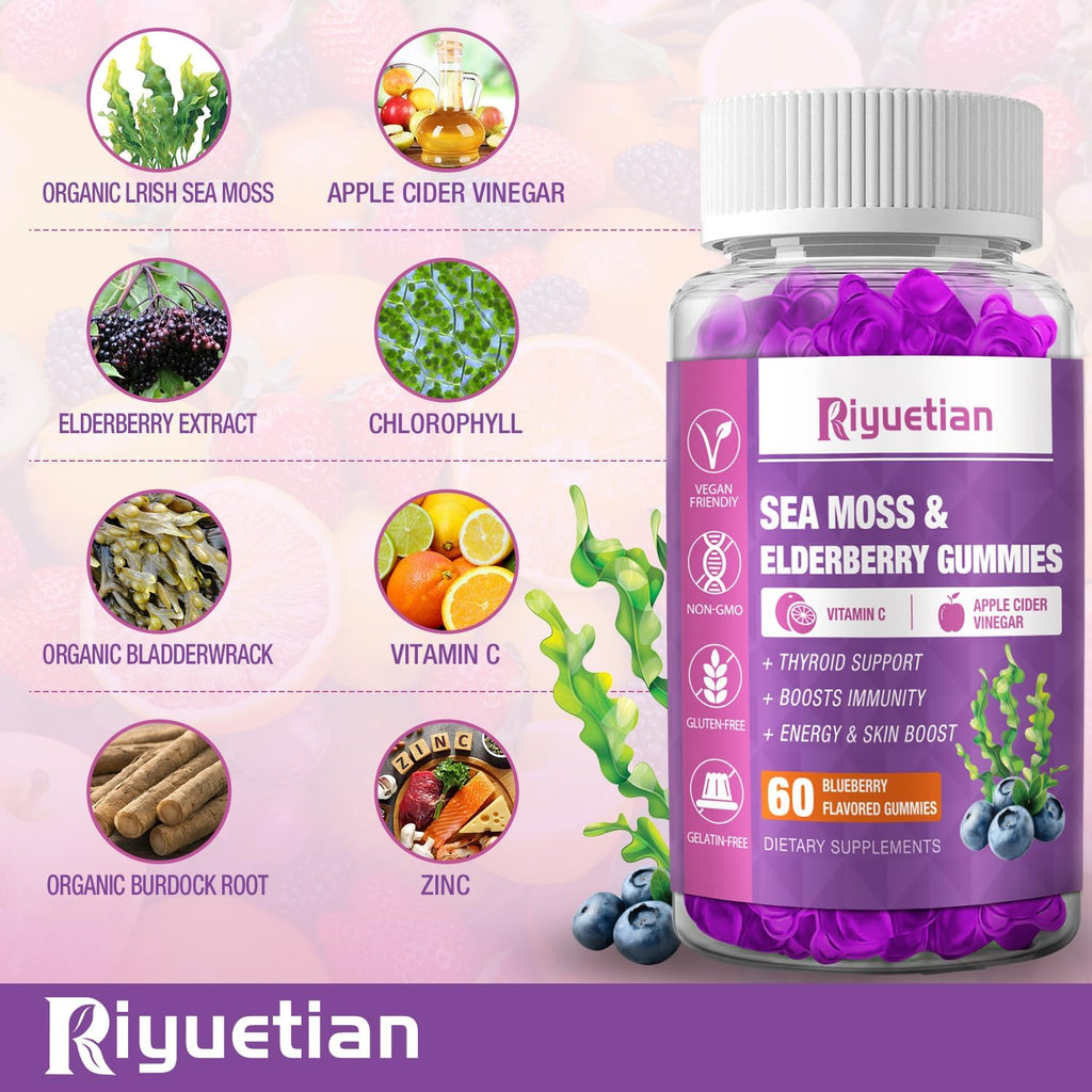 Riyuetian Sea Moss & Elderberry Gummies, Blueberry Flavored Gummy, Vitamins Sea Moss Supplements with Vitamin C + Zinc and Apple Cider Vinegar, Good Texture, Vegan-Friendly, 120 Count(Pack of 2)