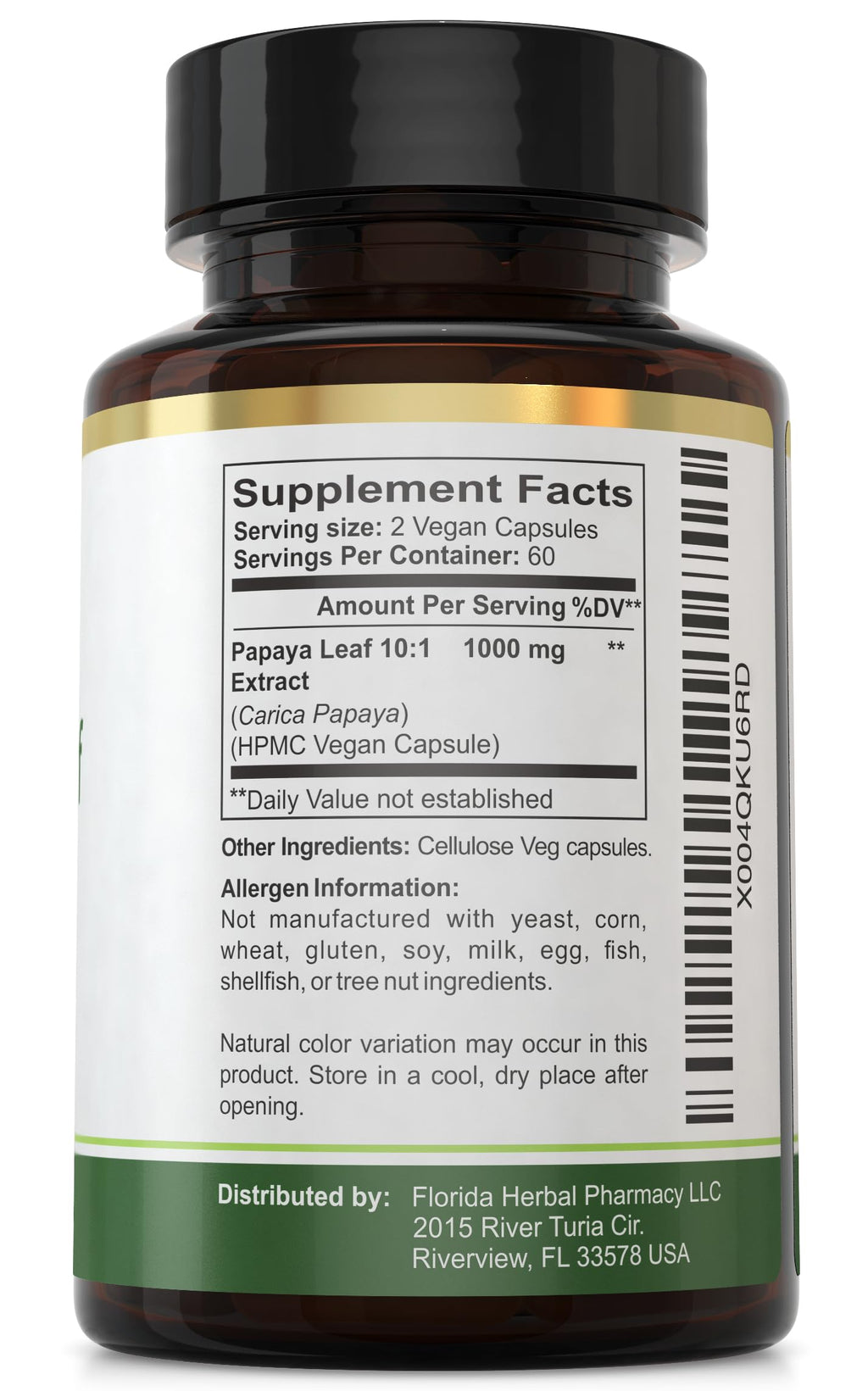 Florida Herbal Pharmacy, Papaya Leaf Extract Capsules 10:1 (120 Capsules) 500 mg per Capsule, 1000 mg Serving (Pack of 1)