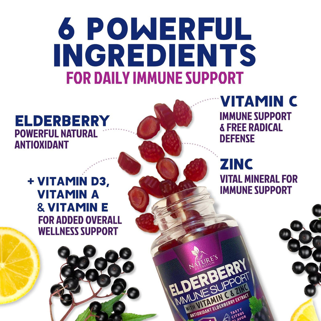 Elderberry Immune Support Gummies - 3X Strength Sambucus Elderberry Gummy with Vitamin C, D3 & Zinc - Nature’s Black Elderberry Extract - Immune Support Supplement for Adults & Kids - 120 Gummies