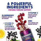 Elderberry Immune Support Gummies - 3X Strength Sambucus Elderberry Gummy with Vitamin C, D3 & Zinc - Nature’s Black Elderberry Extract - Immune Support Supplement for Adults & Kids - 120 Gummies