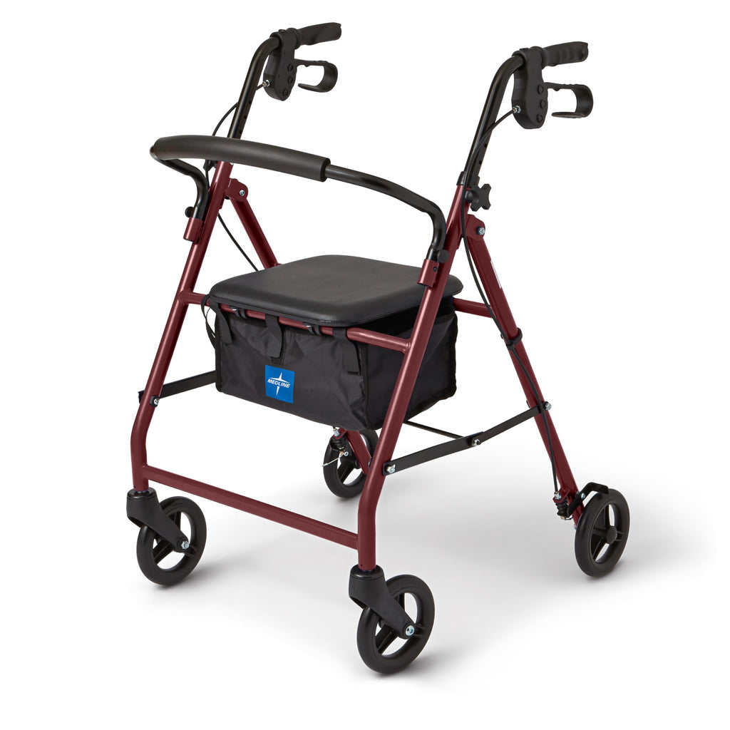 Medline Steel Rollator Walker for Adult Mobility Impairment, Burgundy, 350 lb. Weight Capacity, 6” Wheels, Foldable, Adjustable Handles, Rolling Walker for Seniors
