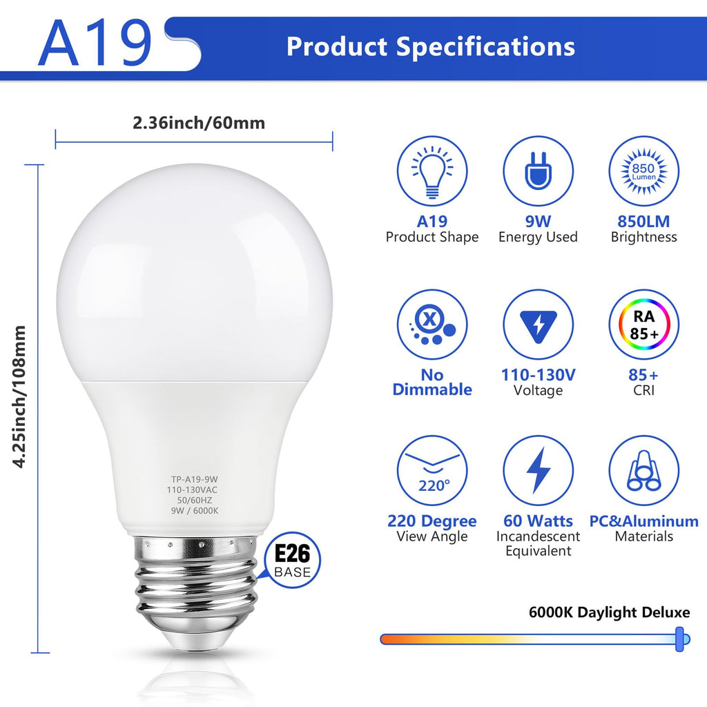 Maylaywood A19 LED Light Bulbs, 60W Equivalent Cool White 6000K 850LM