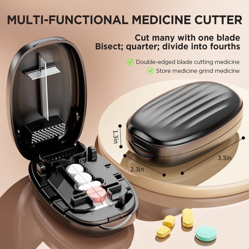 Pill Cutter Splitter for Small and Tiny Pills, 1/2 1/4 Pill Splitter for Small Pills,Vitamins, Tablets in Half or Quarters, Accurate and Easy Cutting, Stainless Steel Blade, Back Storage (Black)
