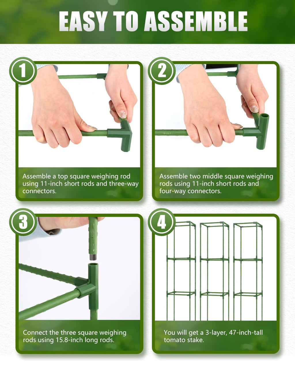 3 Pack 47 Inch Heavy Duty Height Adjustable Square Tomato Cage