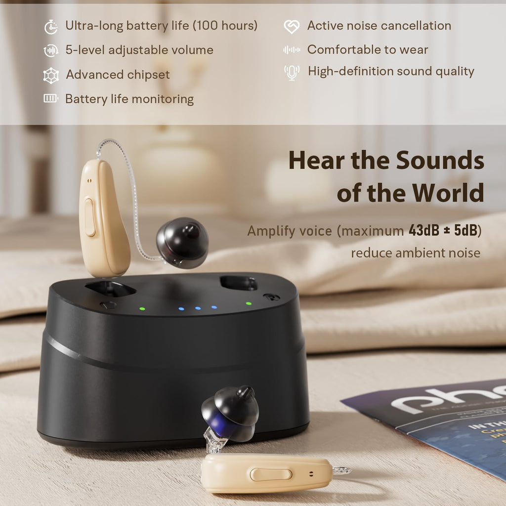 Hearing Aids, Hearing Aids for Seniors, Rechargeable Hearing Aid with Noise Cancellation, 5-Level Button Volume Control, OTC Hearing Amplifier for Moderate Hearing Loss, Clear Sound