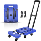 SPACEKEEPER Folding Hand Truck, 500 LB Capacity Luggage Cart, Portable Folding Dolly with 6 Wheels and 2 Elastic Ropes for Luggage, Personal, Travel, Auto, Moving and Office Use, Blue