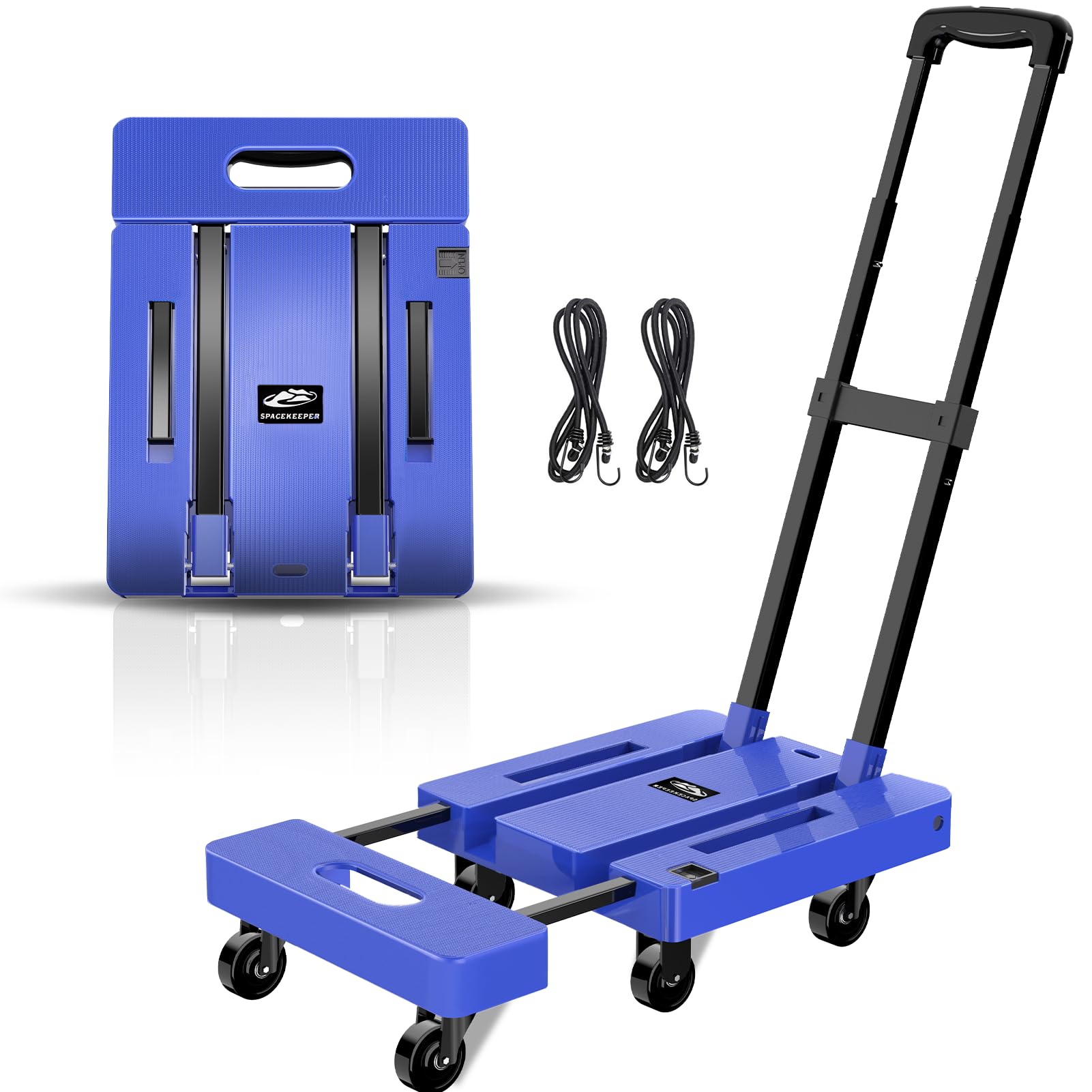 SPACEKEEPER Folding Hand Truck, 500 LB Capacity Luggage Cart, Portable Folding Dolly with 6 Wheels and 2 Elastic Ropes for Luggage, Personal, Travel, Auto, Moving and Office Use, Blue