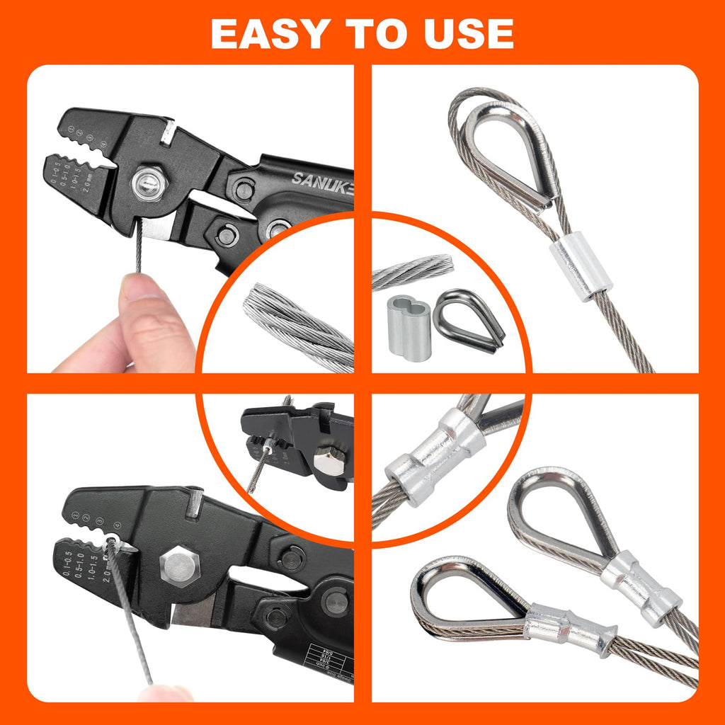 Sanuke Wire Rope Crimping Tool for Aluminum Crimping Loop Sleeves up to 2.0mm, Swager Tool for 3/64 1/16 5/64 inch Stainless Steel Cable Crimper