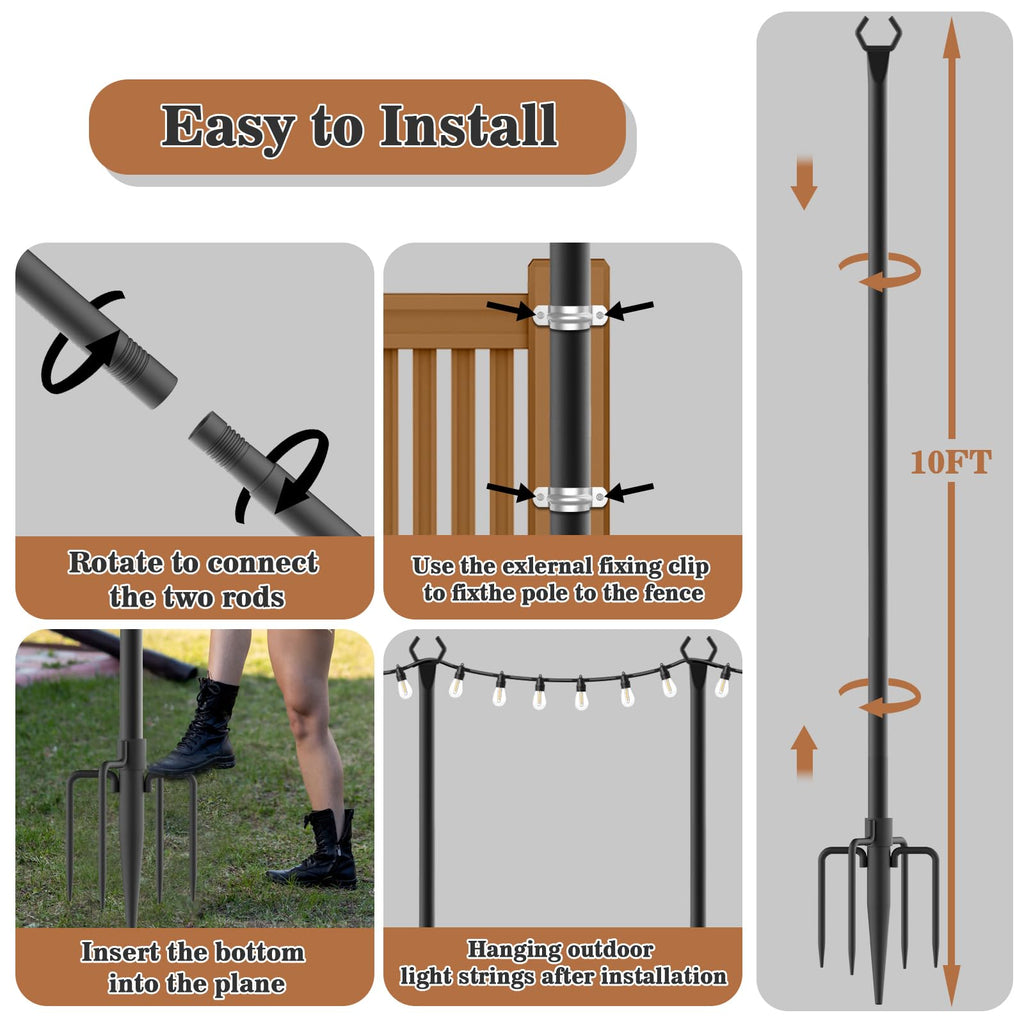NUERPO 7 Pack String Light Poles,Metal Poles for Hanging Outdoor Light Strings,7 Pack 10 FT Light Poles Stand for Outside Garden,Patio,Wedding,Backyard,Deck,Party
