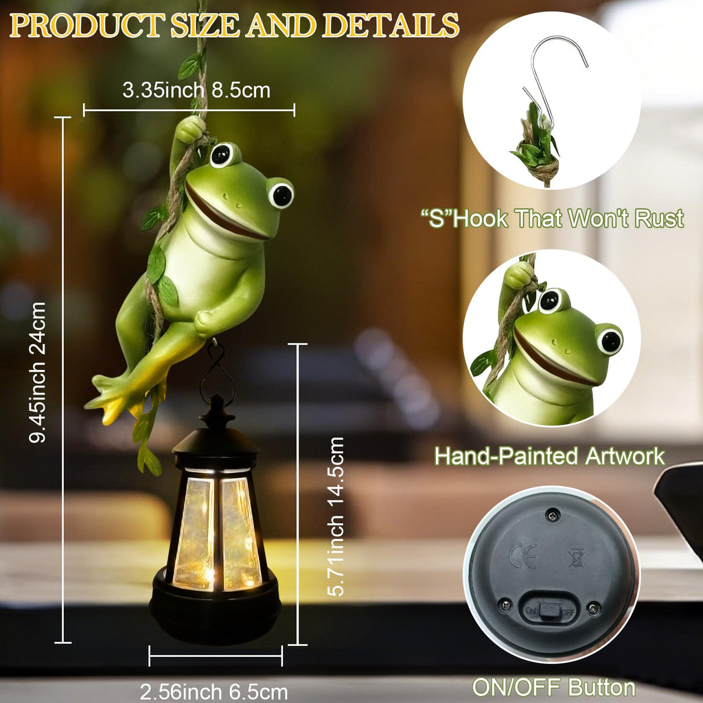 Solar Frogs Outdoor Garden Statues, Christmas Hanging Climbing Rope Frog on a Vine with Lantern Tree Hugger Figurine Lights for Outside Yard Art Sculptures Porch Balcony Wall Decor, Funny Gifts