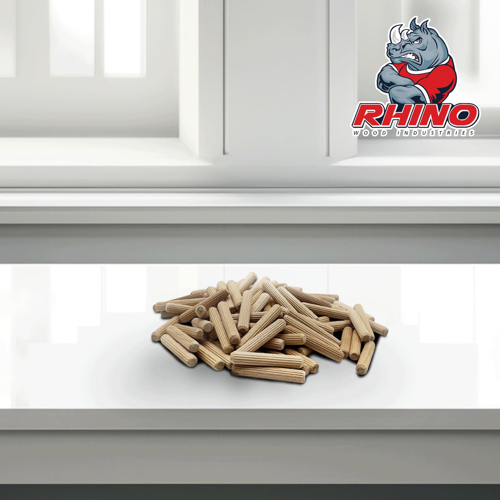 Rhino Wood Industries - 1/4" x 1 1/2" - 200 Pack Wooden Dowel Pins in Plastic Jar - Kiln Dried, Fluted, and Beveled (1/4" x 1 1/2", 200pk, Jar)