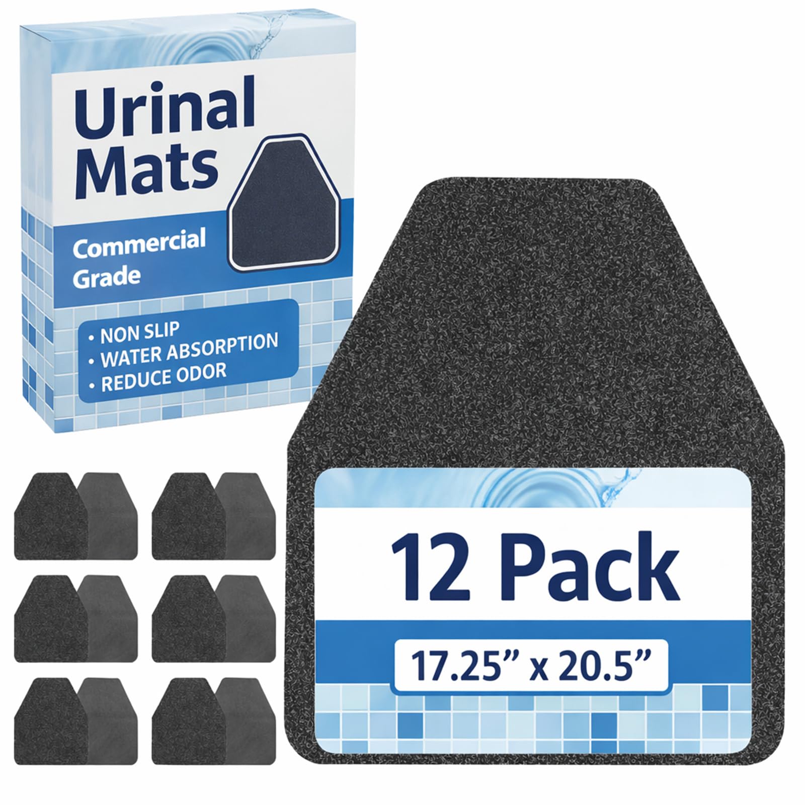 Urinal Mats, Urinal Mats for Men Bathroom, Large, Black, 17.25x20.5”, 12PK