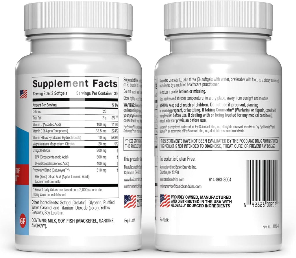 EyeScience - Dry Eye Formula - 90 Softgels - for Relief, Omega-3, Vitamins E, C & B6, Magnesium - Tear Production & Lasting Comfort - 2 Pack