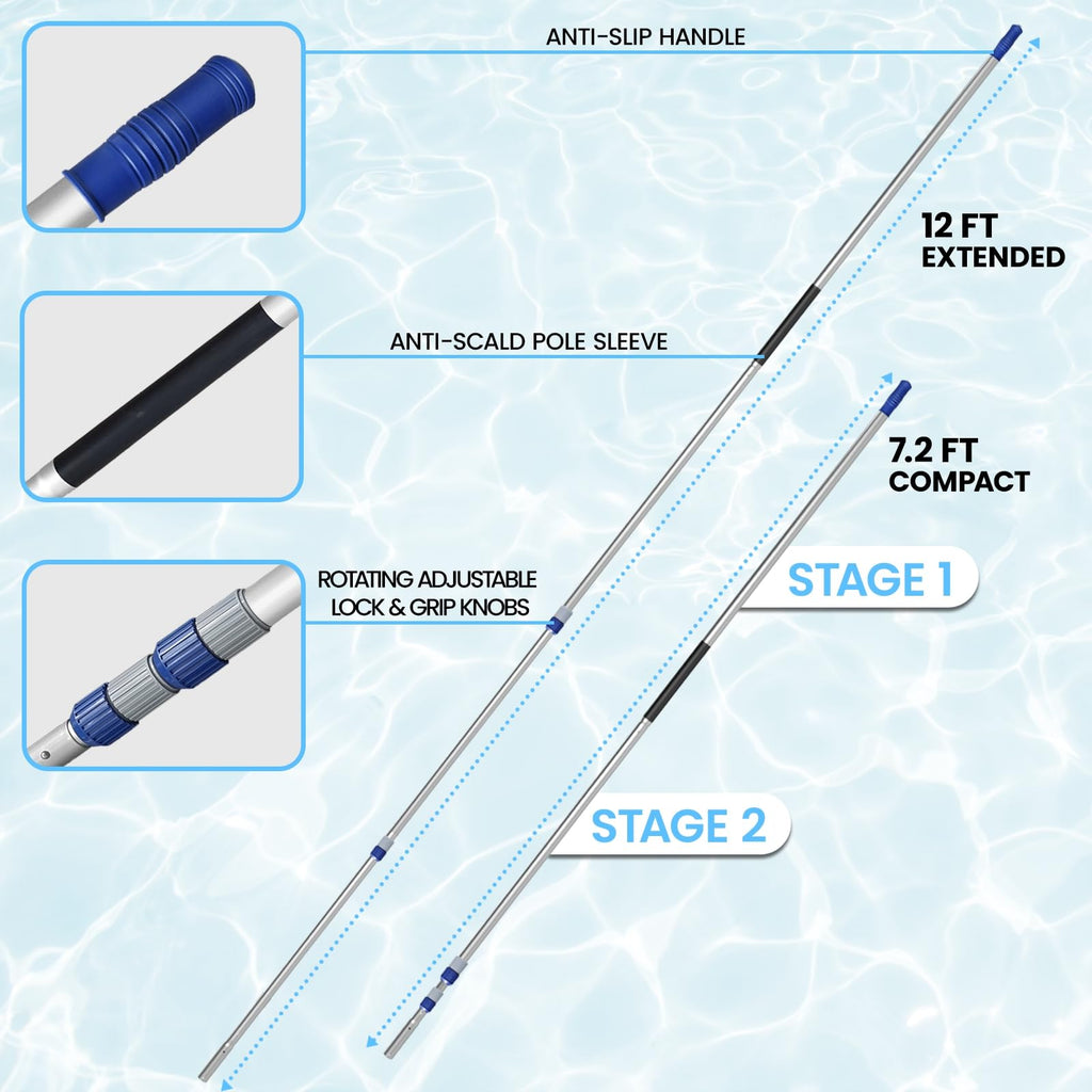 Poolvio 12FT Pool Pole, 2-Piece Telescopic Swimming Pool Cleaning Pole with Universal Threaded Tips, 2-in-1 Design for Skimmer Nets, Vacuum Heads, Brushes & Household Cleaning Tools