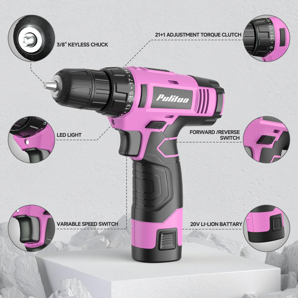 PULITUO Drill Set, 149-Piece Home Tool Set with 12V Pink Cordless Drill, Tool Box, Hand Tool Kits for Women & Men and DIY Enthusiasts, for Home Improvement