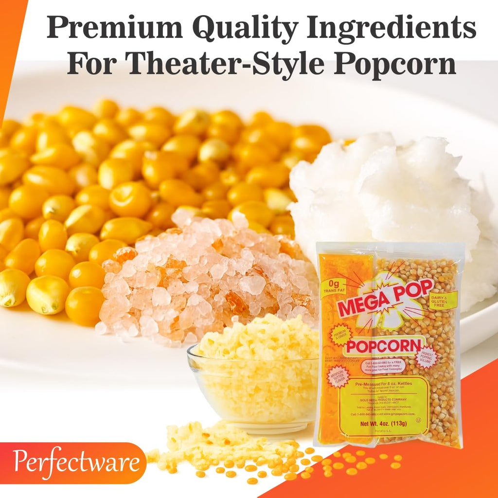 Perfectware All in One Popcorn Portion Packets with Kernels, Salt, and Coconut Oil for Popping Machine, 4 oz, 12 Count