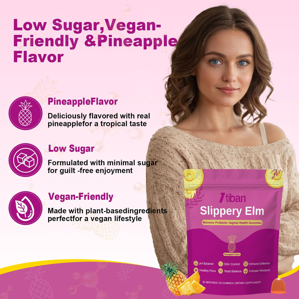 Itiban Slippery Elm Feminine Probiotic Moisture Gummies, pH Balance, Vaginal Flora, Odor Health with Bacillus coagulans, Delicious Pineapple Flavor, 60 Count