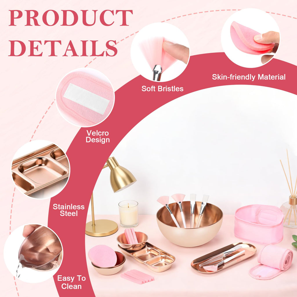 26 Rose Gold Esthetician Supplies Kits 3 Facial Bowls Large Spa Bowls 3 Fan Brushes Makeup 3 Face Mask Brushes Salon Tray 3 Section Skincare Tray 12 Face Sponge Compressed 2 Spa Headbands for Women