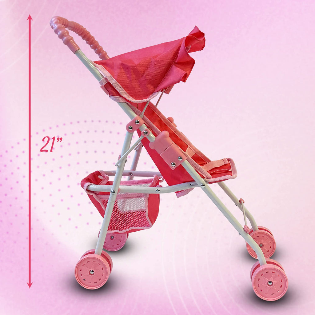 My First Baby Doll Stroller for Toddlers 3 Year Old Girls, Little Kids | Folding Baby Stroller for Dolls, Toy Stroller for Baby Dolls with Bottom Storage Basket, Foldable Frame, Canopy, Seatbelt