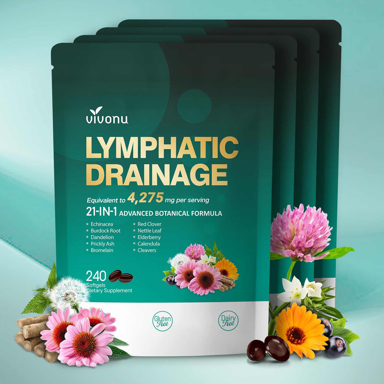 Lymphatic Drainage Supplement, 240 Softgels, 4275mg Lymph System Support Supplement for Women & Men, 21-in-1 Herbal Blend with Echinacea, Dandelion, Burdock, Bromelain, Calendula, Turmeric & More 4Bag