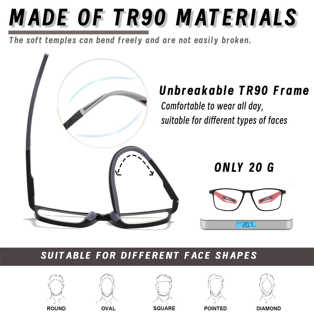 Hubeye Photochromic Reading Glasses for Men and Women TR90 Sport Reader Anti Glare UV Ray Filter （Matte black+Matte blue+Transparent，+2.5