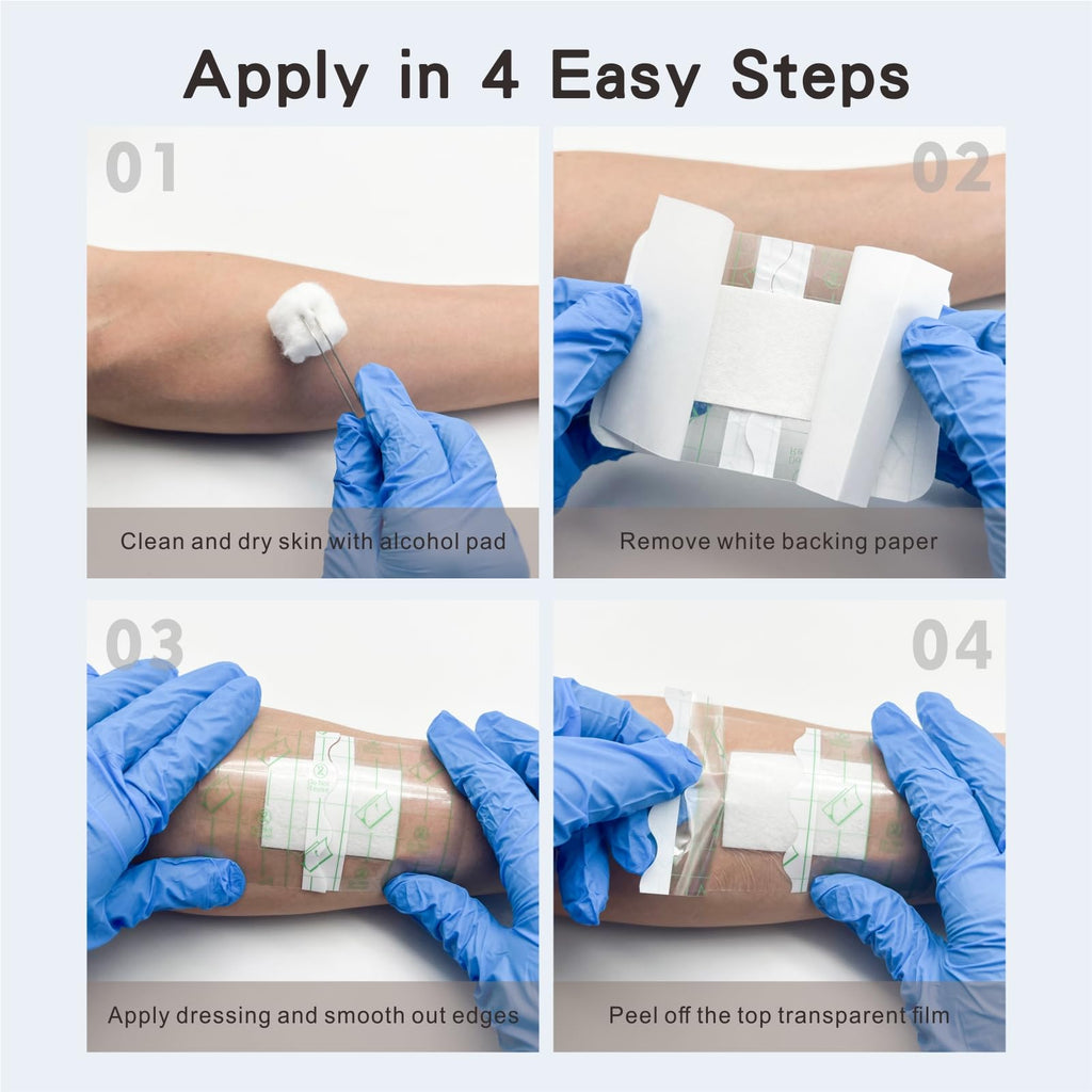 HTLARY Waterproof Transparent Film Dressing with Absorbent Pad 50-Pack Sterile Adhesive Bandages Post-Surgical Wound Cover, Protective Barrier for Sensitive Skin (2.7‘’x4‘’)