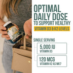 Organic Plant D3 + K2 | 5000 iu D3 + 120 mcg K2 as All-Trans MK7 from MenaQ7® - 100% Whole Food, Raw & Vegan | Enhanced Digestion with Prebiotic & Superfood Complex – D3 from Organic Algae (60 Count)