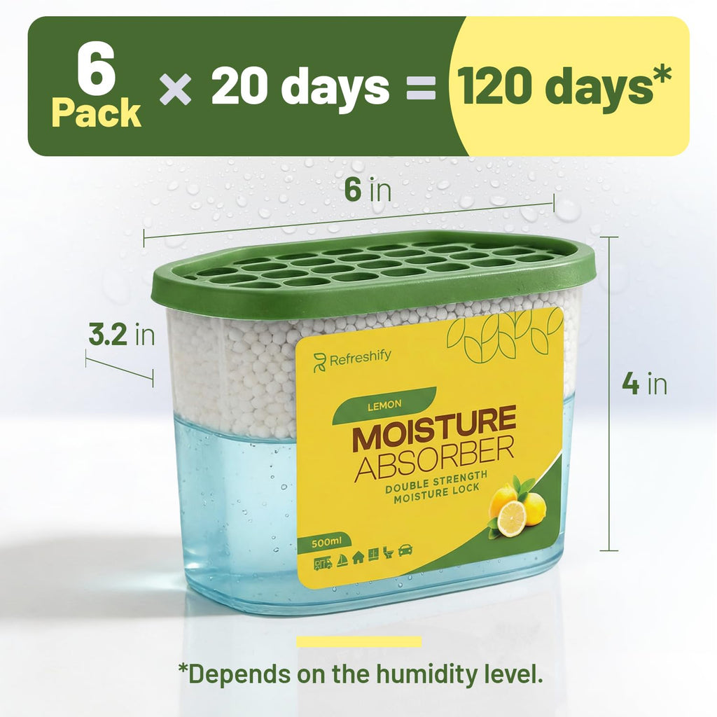 Premium Moisture Absorbers and Dehumidifier Tubs – High-Efficiency Closet Dehumidifier and Dehumidifier for Car, Odor Control Lemon Scent, 6 Pack, 7.5 Oz