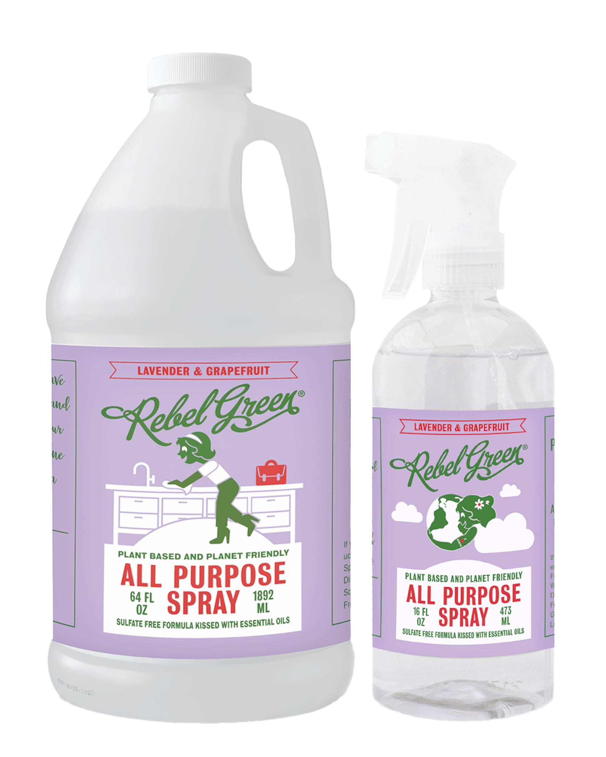Rebel Green Natural 16 oz All-Purpose Cleaning Spray with 64 oz Refill Bottle - Plant-Based Multi-Surface Cleaner for Kitchen, Bath, Countertops and More - Lavender & Grapefruit Scent
