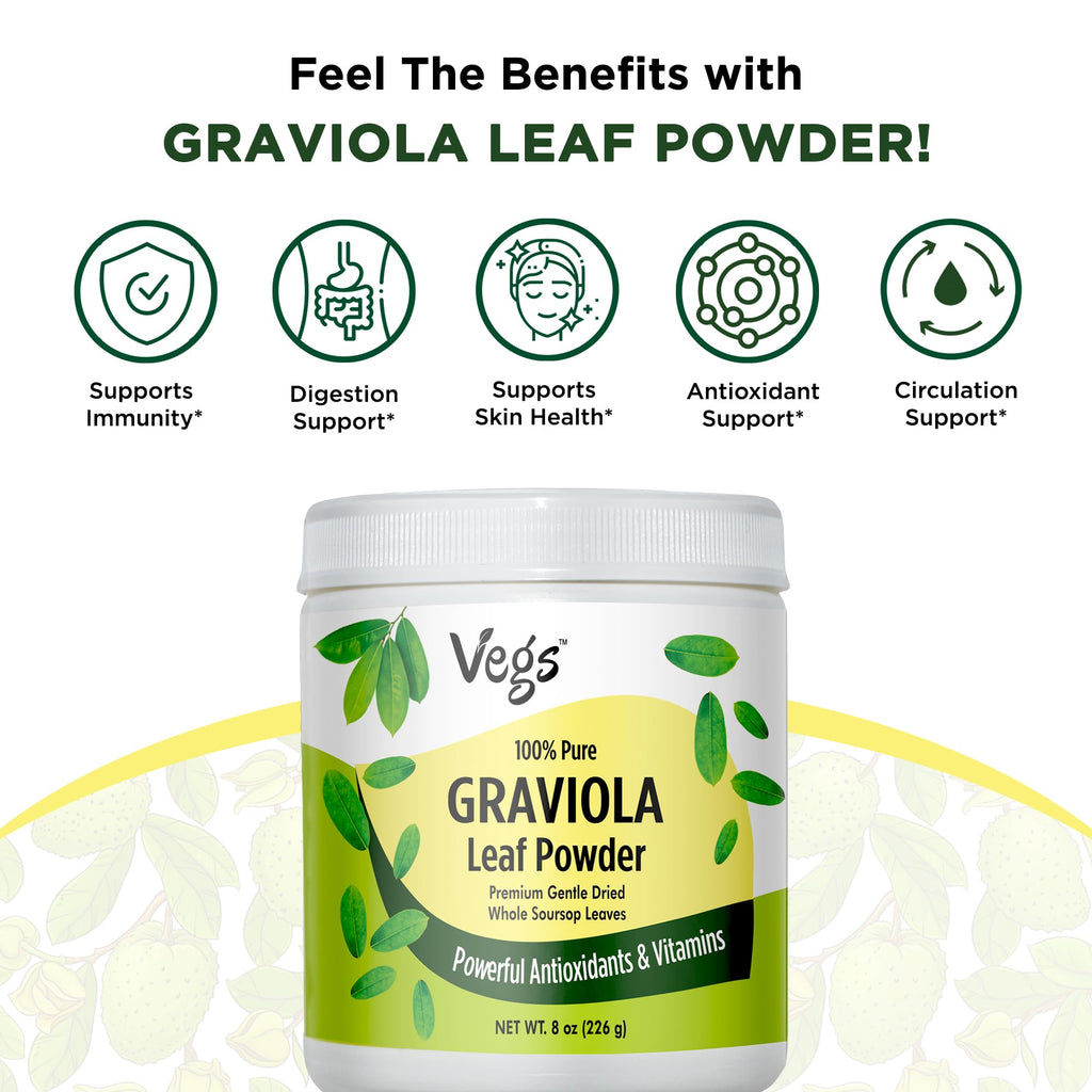 Vegs Graviola Soursop Leaf Powder - The Single Origin, True Green, Organic Graviola Leaves Powder - Gentle Dried & High Potency Soursop with Powerful Antioxidants, Vitamins – No Sugar, Non-GMO, 8 oz
