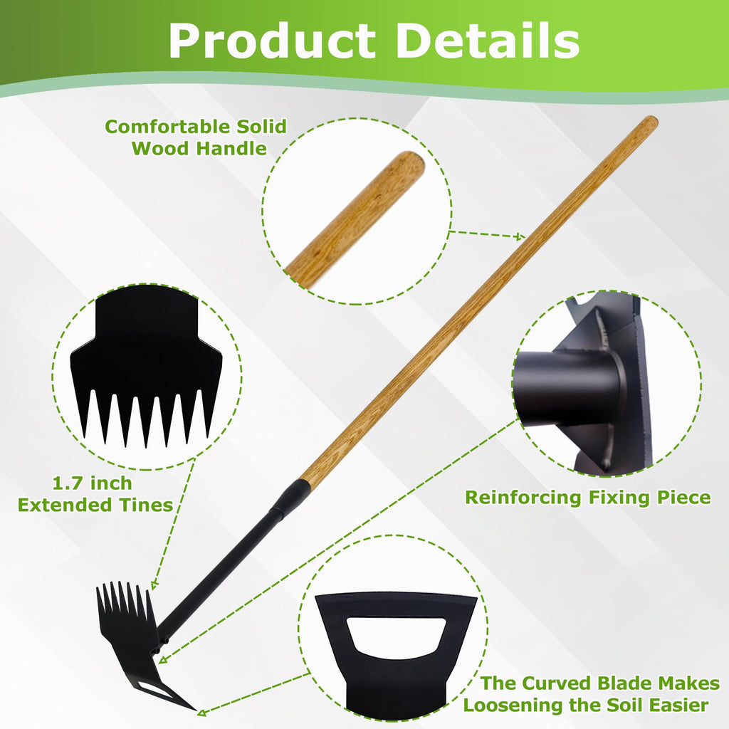 60" Wood Handle Weed Puller Tool, 7-Tine Garden Hoe, Secure Fit, No Bending