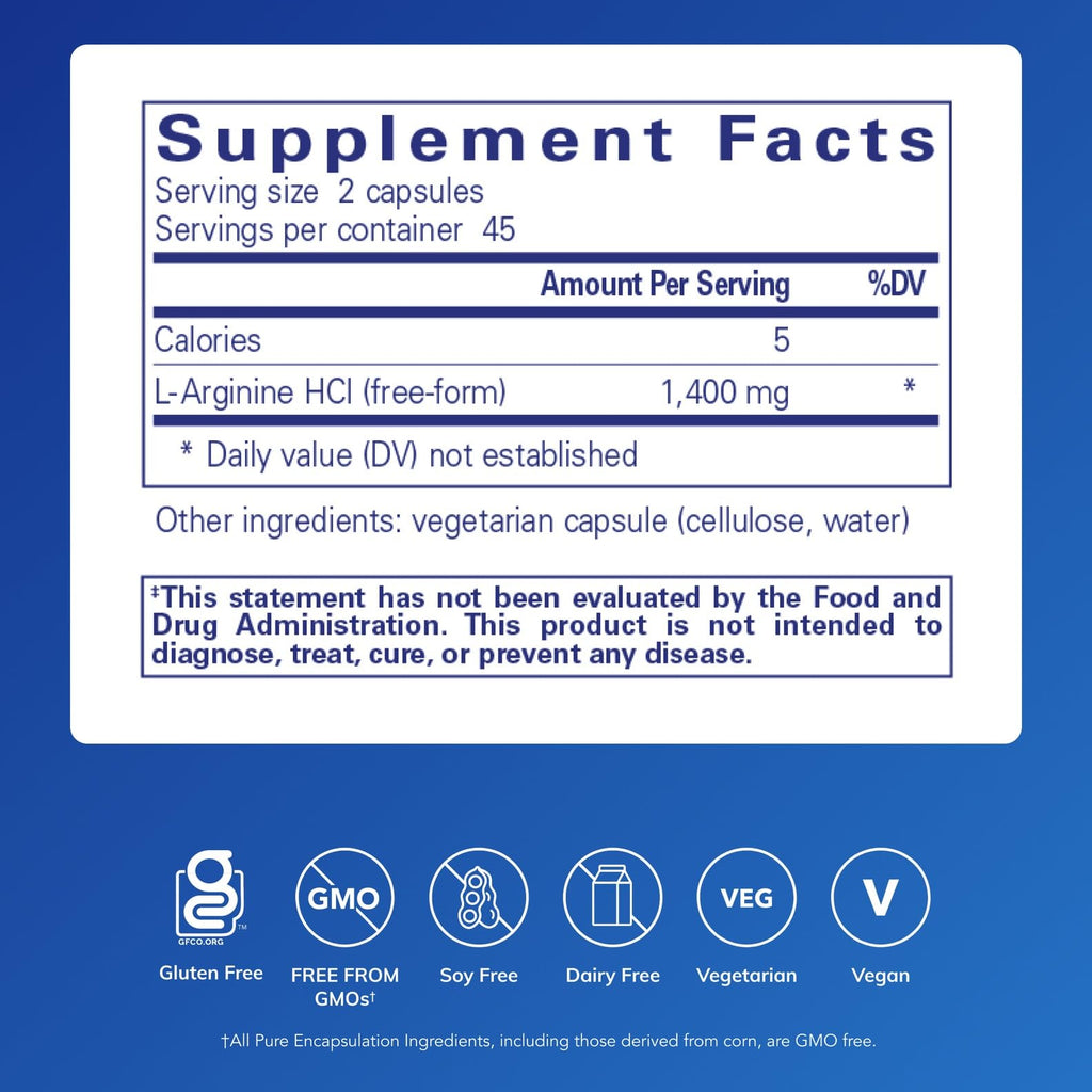 Pure Encapsulations L-Arginine - 1,400 mg - Support Nitric Oxide Production - Heart Health & Blood Flow - Gluten Free & Non-GMO - 90 Capsules
