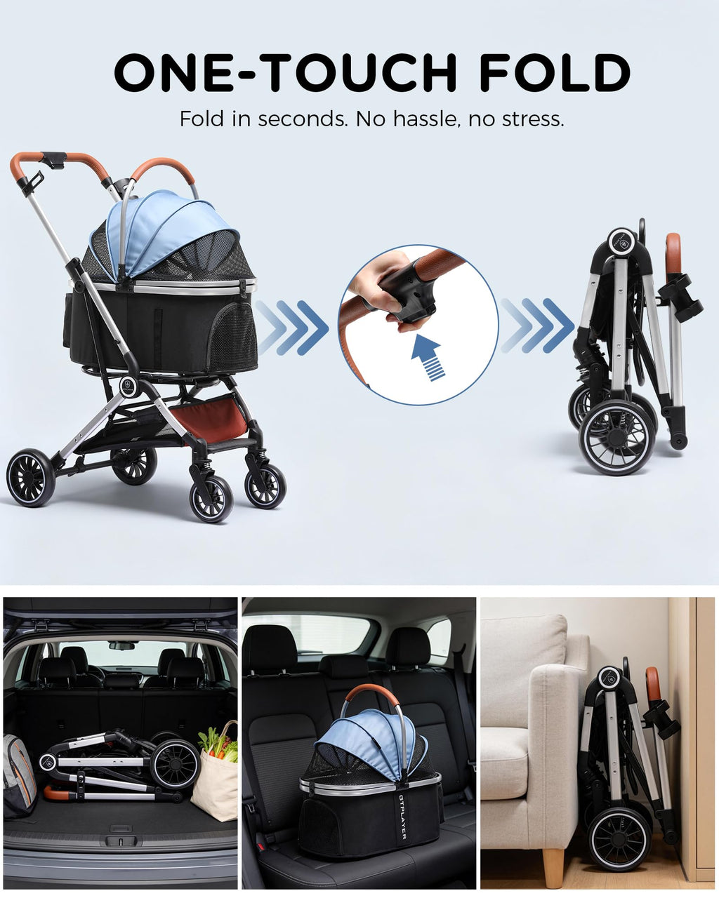 GTPLAYER Pet Stroller for Small Dogs and Cats, One-Click Foldable, Detachable Carrier, Breathable Mesh, 45 lbs Capacity, 2 Safety Leashes, Storage Basket & Cup Holder, Light Blue