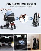 GTPLAYER Pet Stroller for Small Dogs and Cats, One-Click Foldable, Detachable Carrier, Breathable Mesh, 45 lbs Capacity, 2 Safety Leashes, Storage Basket & Cup Holder, Light Blue