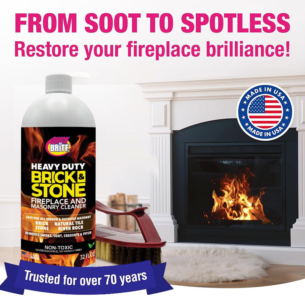 Quick'n Brite Fireplace Brick and Stone Cleaner 32oz with Scrub Brush - Natural Stone, Tile, and Marble Cleaner - Indoor Fireplace and Wood Stove Cleaning Kit - Pellet Stove Creosote Remover